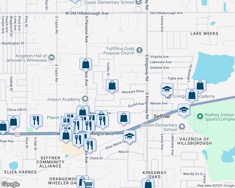map of restaurants, bars, coffee shops, grocery stores, and more near 310 Montara Drive in Seffner