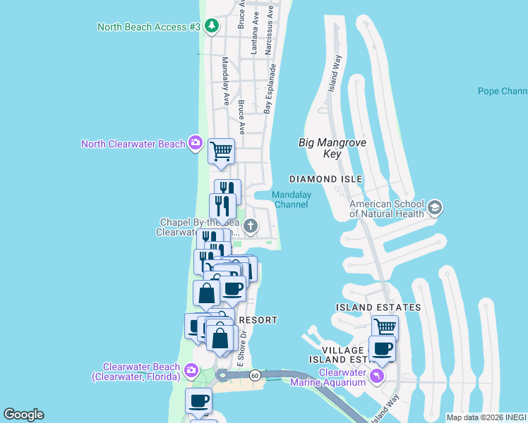 map of restaurants, bars, coffee shops, grocery stores, and more near 612 Bay Esplanade in Clearwater