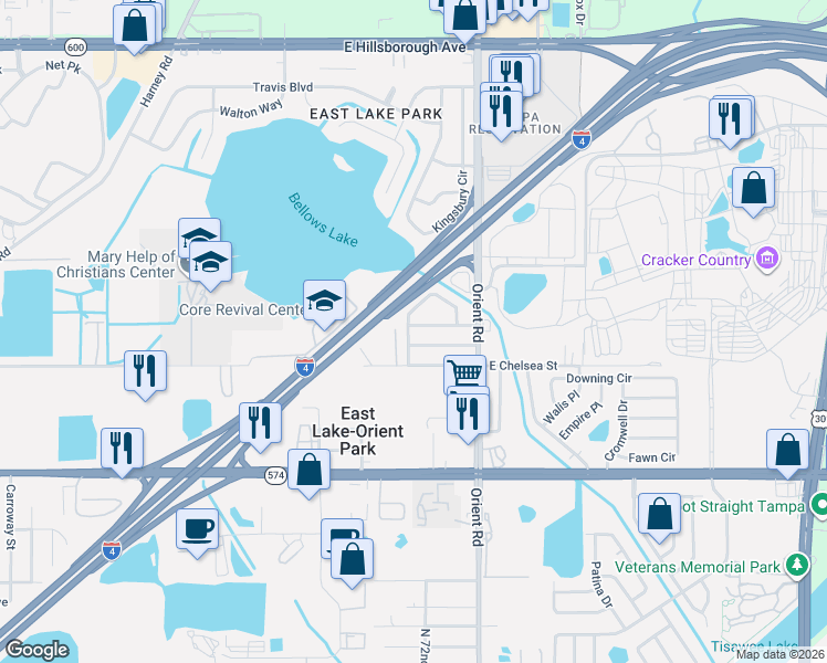 map of restaurants, bars, coffee shops, grocery stores, and more near 7205 Palifox Circle in Tampa