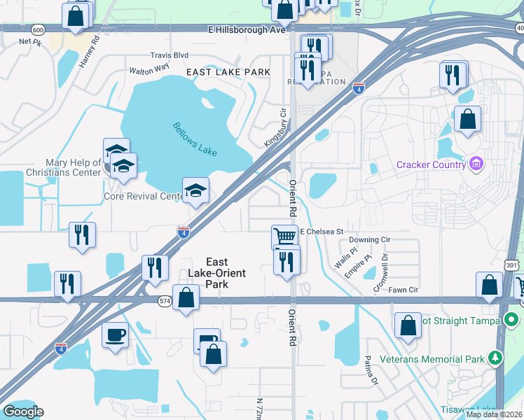 map of restaurants, bars, coffee shops, grocery stores, and more near 7207 East Cayuga Street in Tampa