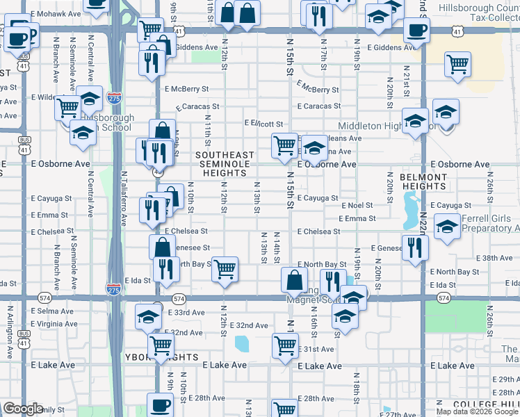 map of restaurants, bars, coffee shops, grocery stores, and more near 1305 East Palifox Street in Tampa