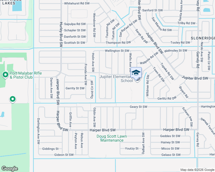 map of restaurants, bars, coffee shops, grocery stores, and more near 526 Wildwood Avenue Southwest in Palm Bay