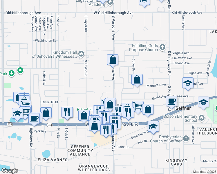 map of restaurants, bars, coffee shops, grocery stores, and more near 713 Sunbright Drive in Seffner