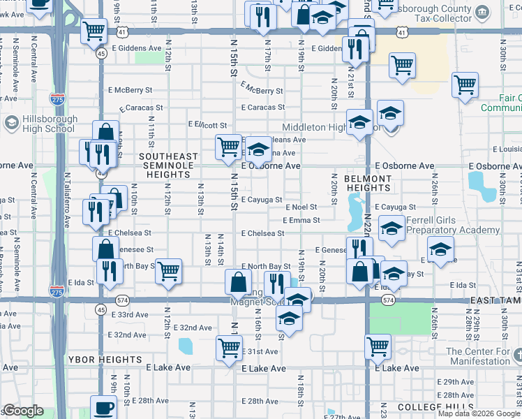map of restaurants, bars, coffee shops, grocery stores, and more near 1600 East Cayuga Street in Tampa