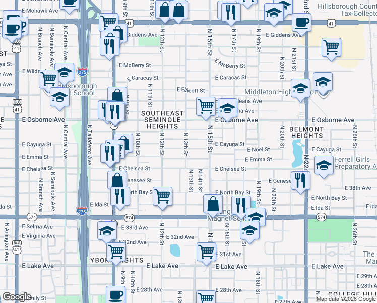 map of restaurants, bars, coffee shops, grocery stores, and more near 1305 East Palifox Street in Tampa