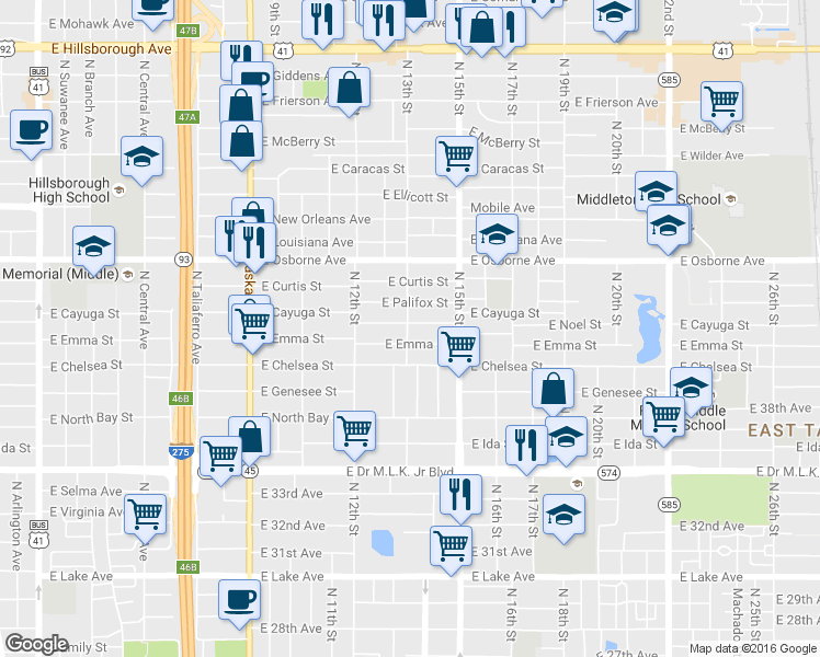 map of restaurants, bars, coffee shops, grocery stores, and more near 1223 East Palifox Street in Tampa
