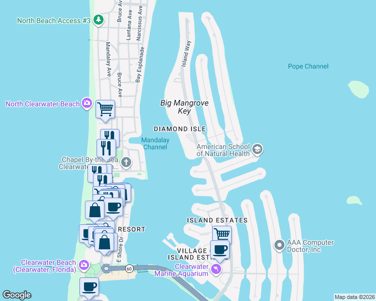 map of restaurants, bars, coffee shops, grocery stores, and more near 644 Island Way in Clearwater