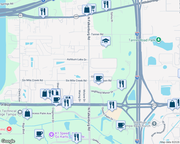 map of restaurants, bars, coffee shops, grocery stores, and more near 10125 Hawk Storm Avenue in Tampa