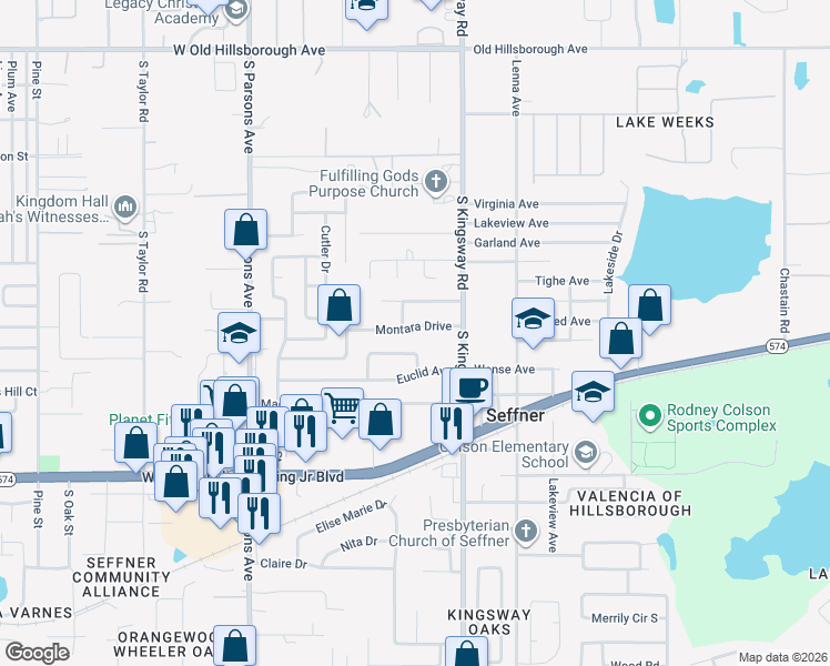 map of restaurants, bars, coffee shops, grocery stores, and more near 204 Montara Drive in Seffner