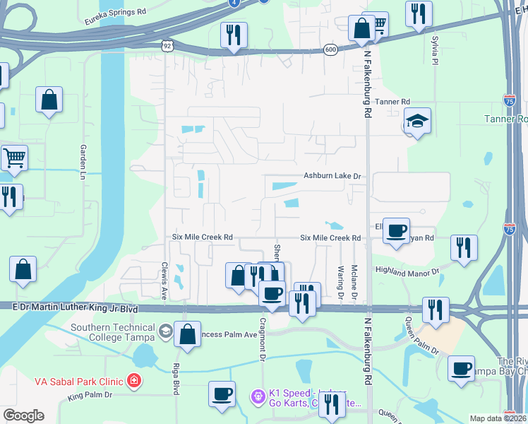 map of restaurants, bars, coffee shops, grocery stores, and more near 4511 Ashburn Square Drive in Tampa