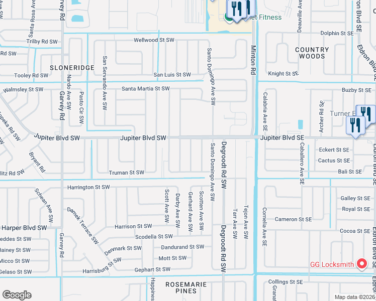 map of restaurants, bars, coffee shops, grocery stores, and more near 518 Winer Avenue Southwest in Palm Bay