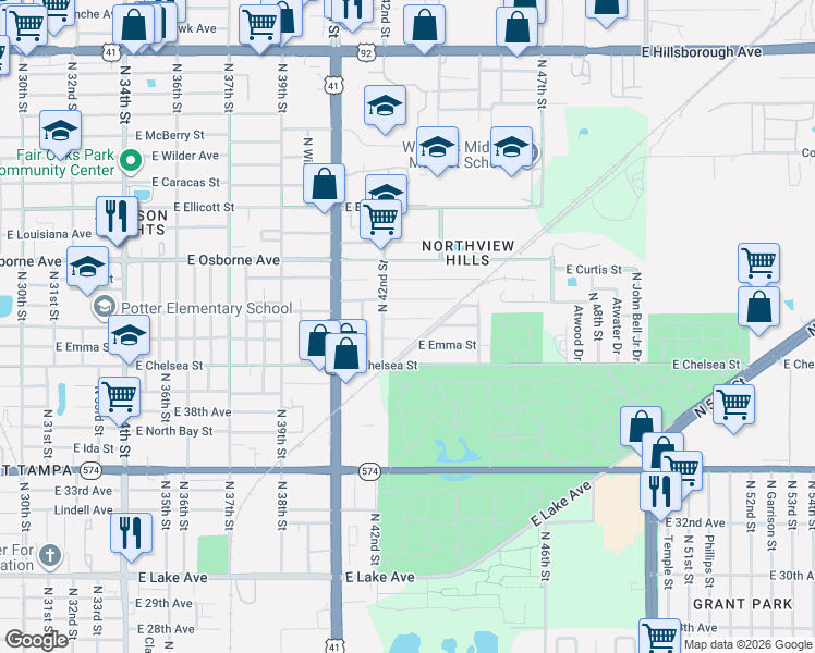 map of restaurants, bars, coffee shops, grocery stores, and more near 4210 East Cayuga Street in Tampa