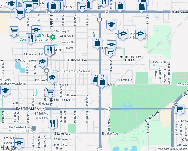 map of restaurants, bars, coffee shops, grocery stores, and more near 4502 North 40th Street in Tampa
