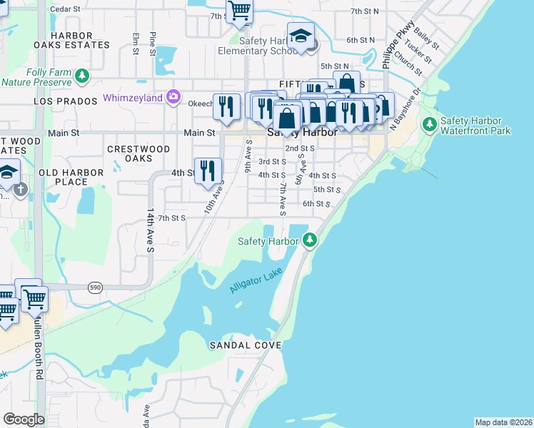 map of restaurants, bars, coffee shops, grocery stores, and more near 750 6th Street South in Safety Harbor
