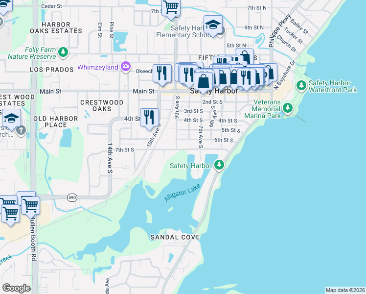 map of restaurants, bars, coffee shops, grocery stores, and more near 850 6th Street South in Safety Harbor