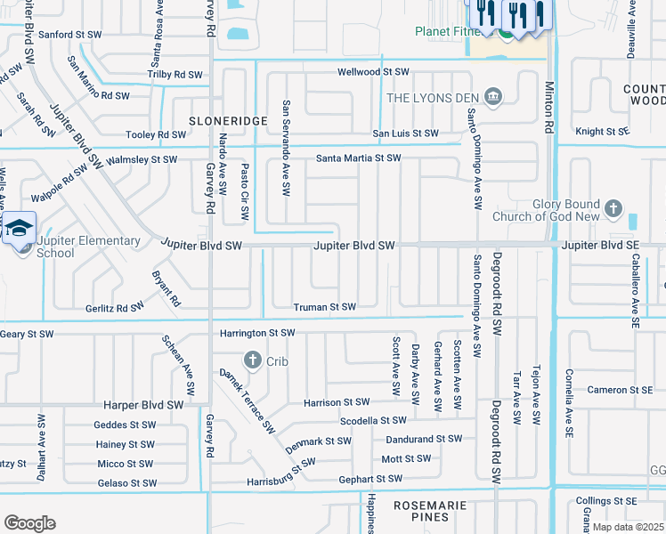 map of restaurants, bars, coffee shops, grocery stores, and more near 538 Whitehall Avenue Southwest in Palm Bay