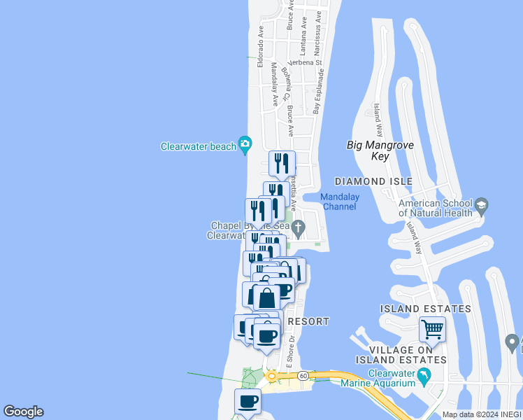 map of restaurants, bars, coffee shops, grocery stores, and more near 7 Heilwood Street in Clearwater