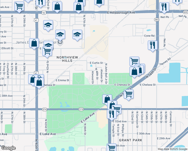 map of restaurants, bars, coffee shops, grocery stores, and more near 4415 Atwood Drive in Tampa