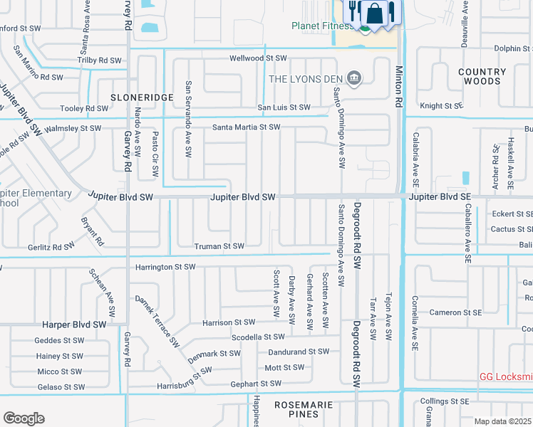 map of restaurants, bars, coffee shops, grocery stores, and more near 2498 Jupiter Boulevard Southwest in Palm Bay