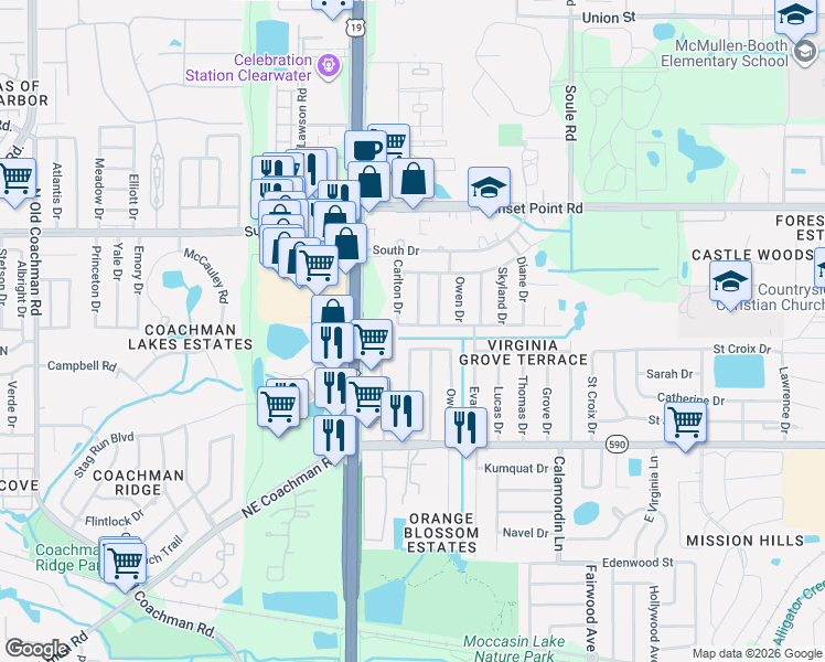 map of restaurants, bars, coffee shops, grocery stores, and more near 1801 Carlton Drive in Clearwater