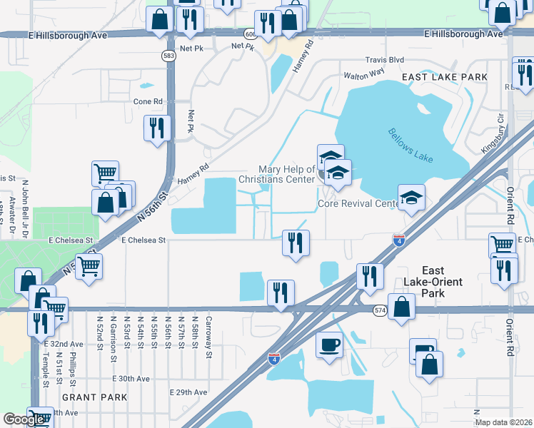 map of restaurants, bars, coffee shops, grocery stores, and more near 6330 East Chelsea Street in Tampa