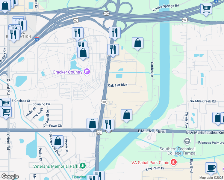 map of restaurants, bars, coffee shops, grocery stores, and more near 4507 Oak Fair Boulevard in Tampa