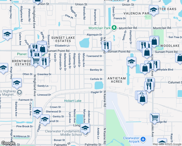 map of restaurants, bars, coffee shops, grocery stores, and more near 1731 Bentley Street in Clearwater