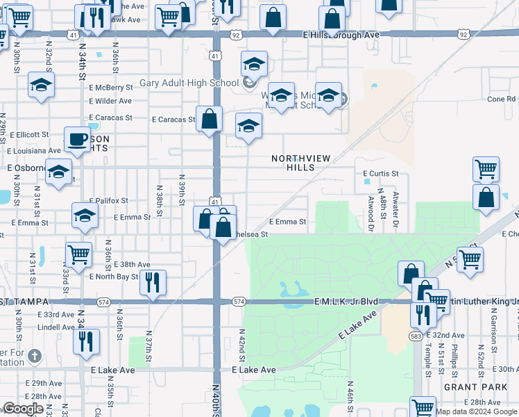 map of restaurants, bars, coffee shops, grocery stores, and more near 4209 East Cayuga Street in Tampa