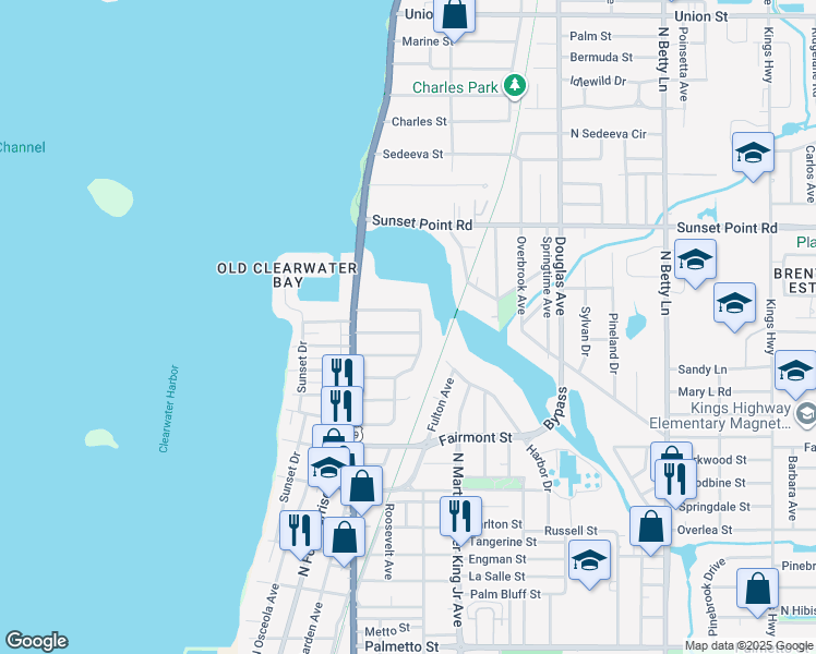 map of restaurants, bars, coffee shops, grocery stores, and more near 1045 Calumet Street in Clearwater