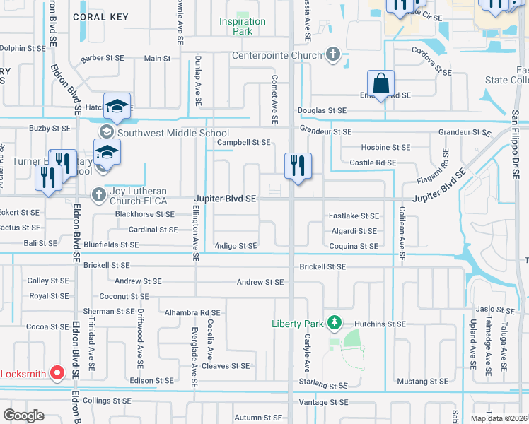 map of restaurants, bars, coffee shops, grocery stores, and more near 527 Alesio Avenue Southeast in Palm Bay