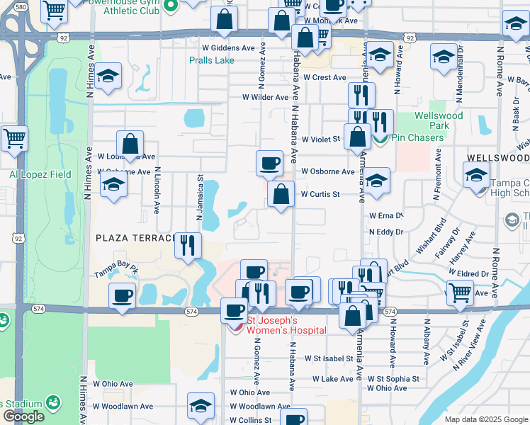 map of restaurants, bars, coffee shops, grocery stores, and more near 20 Woodhaven Apartments Road in Tampa