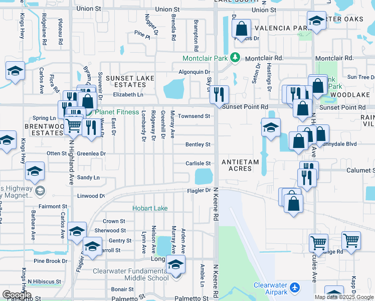 map of restaurants, bars, coffee shops, grocery stores, and more near 1731 Bentley Street in Clearwater