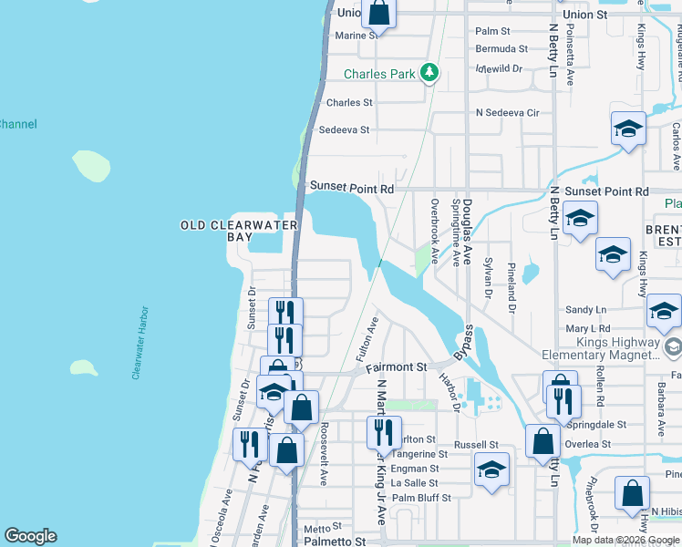map of restaurants, bars, coffee shops, grocery stores, and more near 1045 Calumet Street in Clearwater
