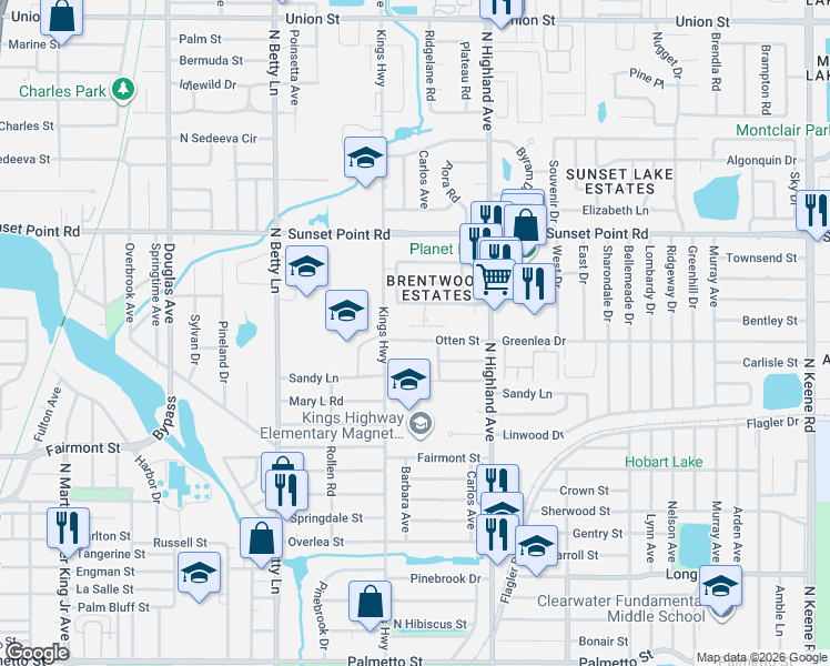 map of restaurants, bars, coffee shops, grocery stores, and more near 1410 Bentley Street in Clearwater