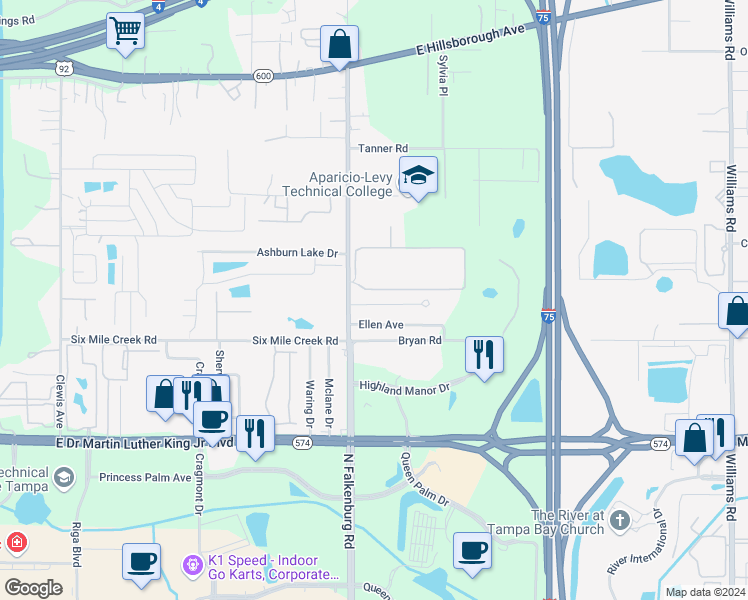 map of restaurants, bars, coffee shops, grocery stores, and more near 10118 Hawk Storm Avenue in Tampa