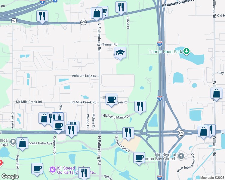 map of restaurants, bars, coffee shops, grocery stores, and more near 10202 Hawk Storm Avenue in Tampa