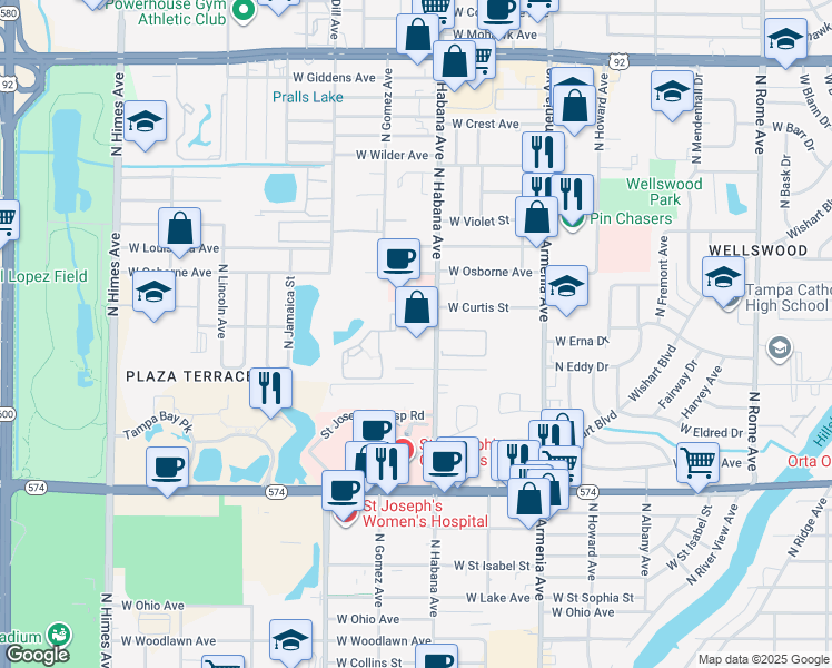 map of restaurants, bars, coffee shops, grocery stores, and more near 18 Woodhaven Apartments Road in Tampa