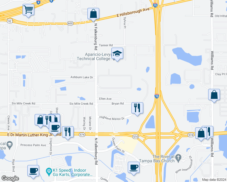 map of restaurants, bars, coffee shops, grocery stores, and more near 10212 Hawk Storm Avenue in Tampa