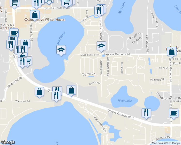 map of restaurants, bars, coffee shops, grocery stores, and more near 327 Montego Court Southeast in Winter Haven