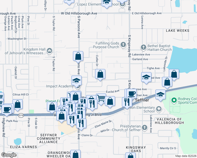 map of restaurants, bars, coffee shops, grocery stores, and more near 1104 Tiburon Drive in Seffner