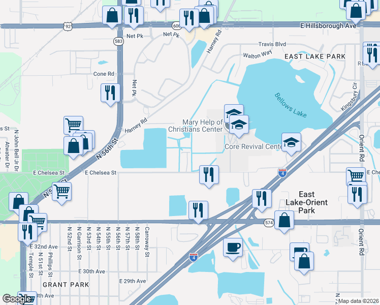 map of restaurants, bars, coffee shops, grocery stores, and more near 6358 Sophie Oaks Court in Tampa