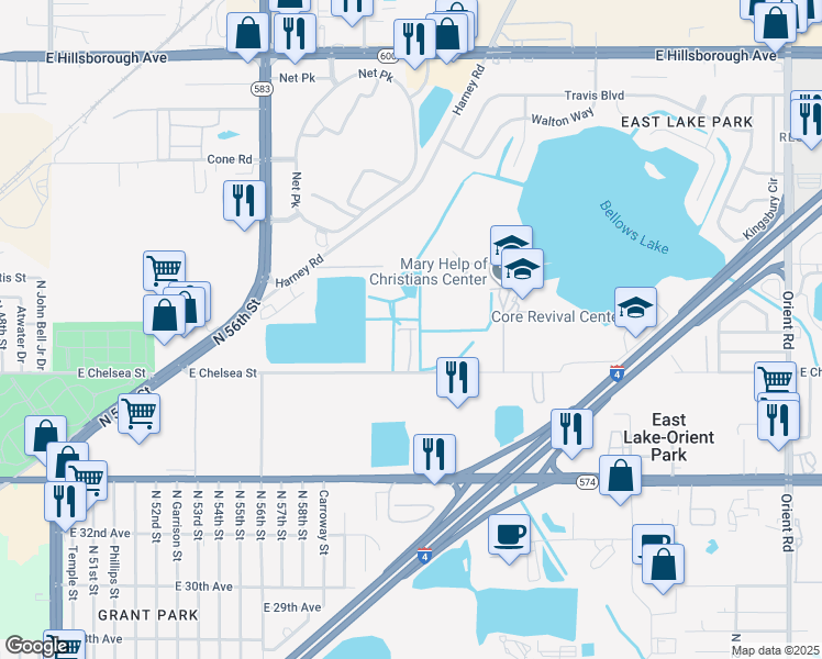 map of restaurants, bars, coffee shops, grocery stores, and more near 6330 East Chelsea Street in Tampa