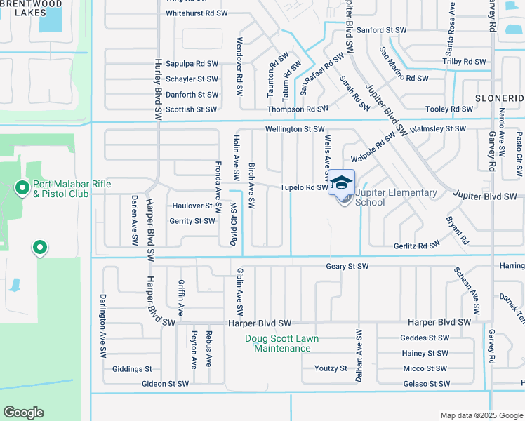map of restaurants, bars, coffee shops, grocery stores, and more near 527 Birch Avenue Southwest in Palm Bay