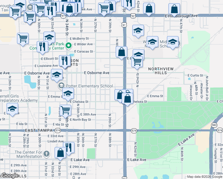 map of restaurants, bars, coffee shops, grocery stores, and more near 4601 North 39th Street in Tampa