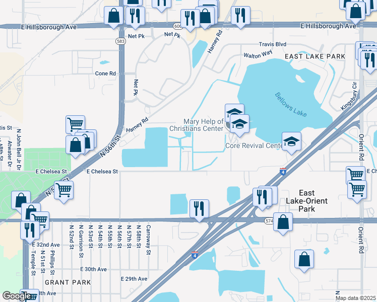 map of restaurants, bars, coffee shops, grocery stores, and more near 6330 East Chelsea Street in Tampa