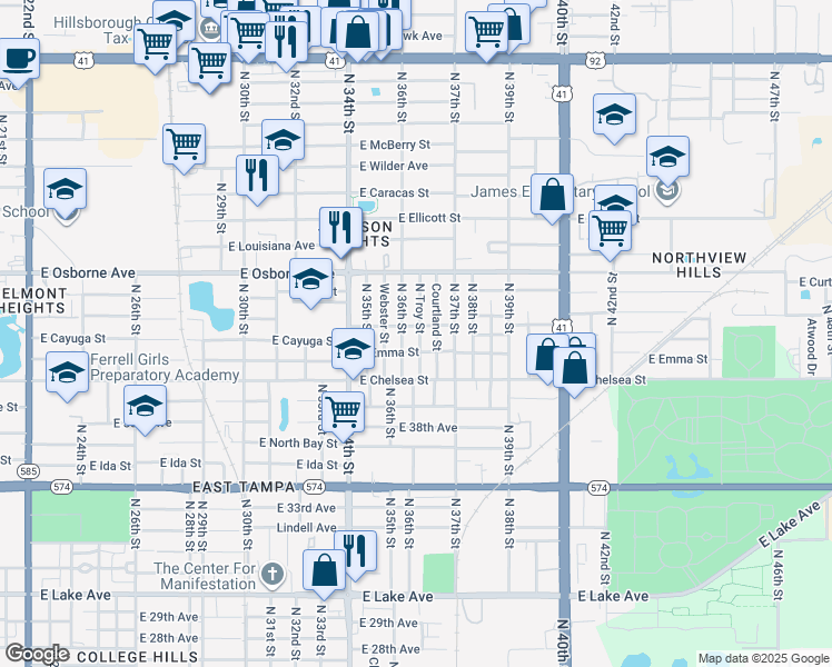 map of restaurants, bars, coffee shops, grocery stores, and more near 4602 North 36th Street in Tampa