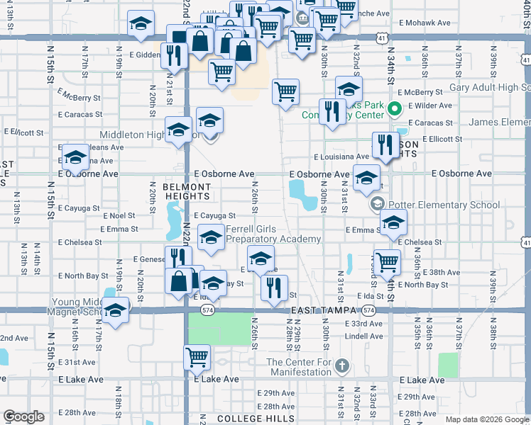 map of restaurants, bars, coffee shops, grocery stores, and more near 2613 East Palifox Street in Tampa