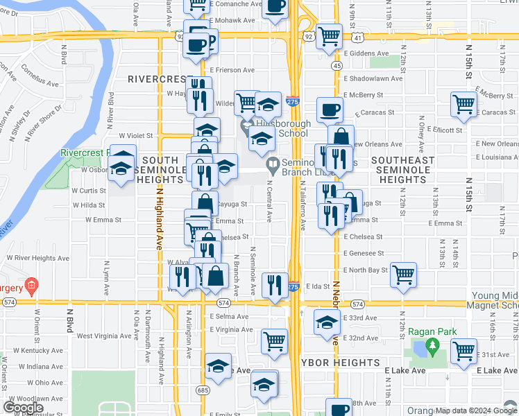 map of restaurants, bars, coffee shops, grocery stores, and more near 1632 East Cayuga Street in Tampa