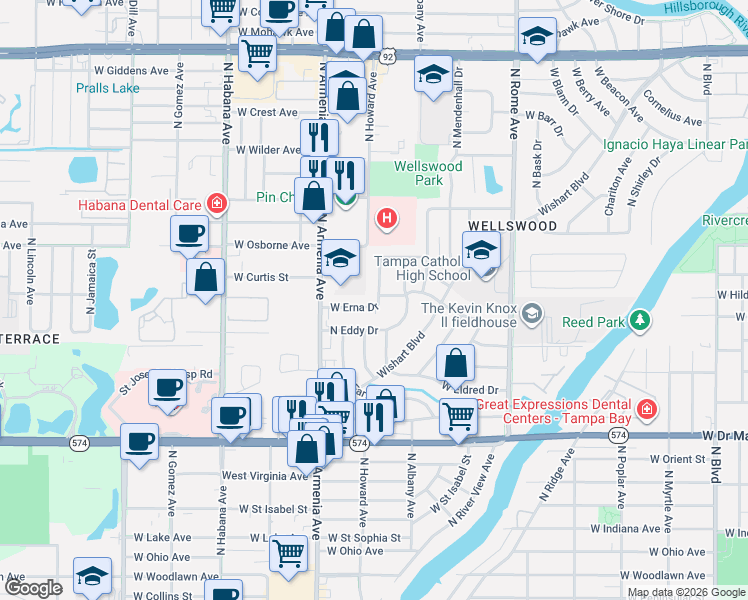 map of restaurants, bars, coffee shops, grocery stores, and more near 1909 West Erna Drive in Tampa