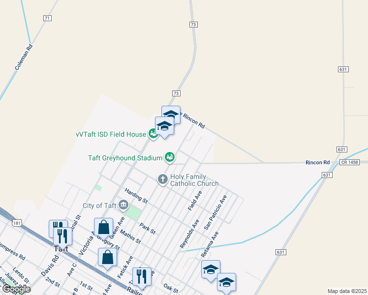 map of restaurants, bars, coffee shops, grocery stores, and more near 986 McIntyre Avenue in Taft